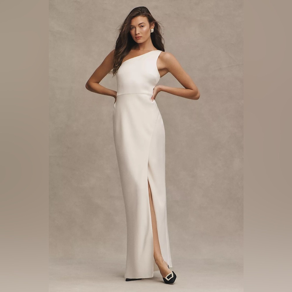 BHLDN Dylan One-Shoulder Satin Side-Slit Gown